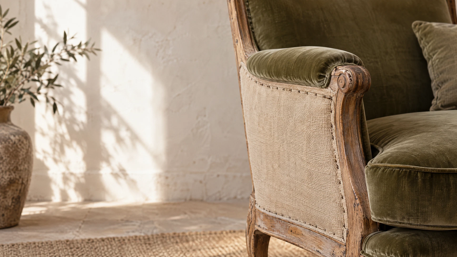 Détail d’un fauteuil ancien en tissu texturé vert olive